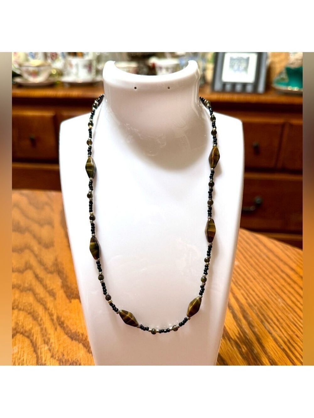 Handmade Beaded Necklace Brown & Black Sterling Silver Lobster Claw Clasp